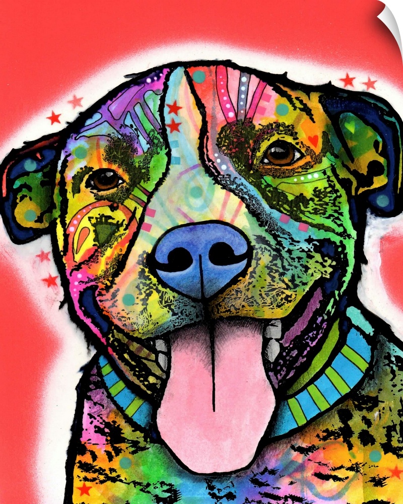 Contemporary stencil painting of a smiling pit bull filled with various colors and patterns.