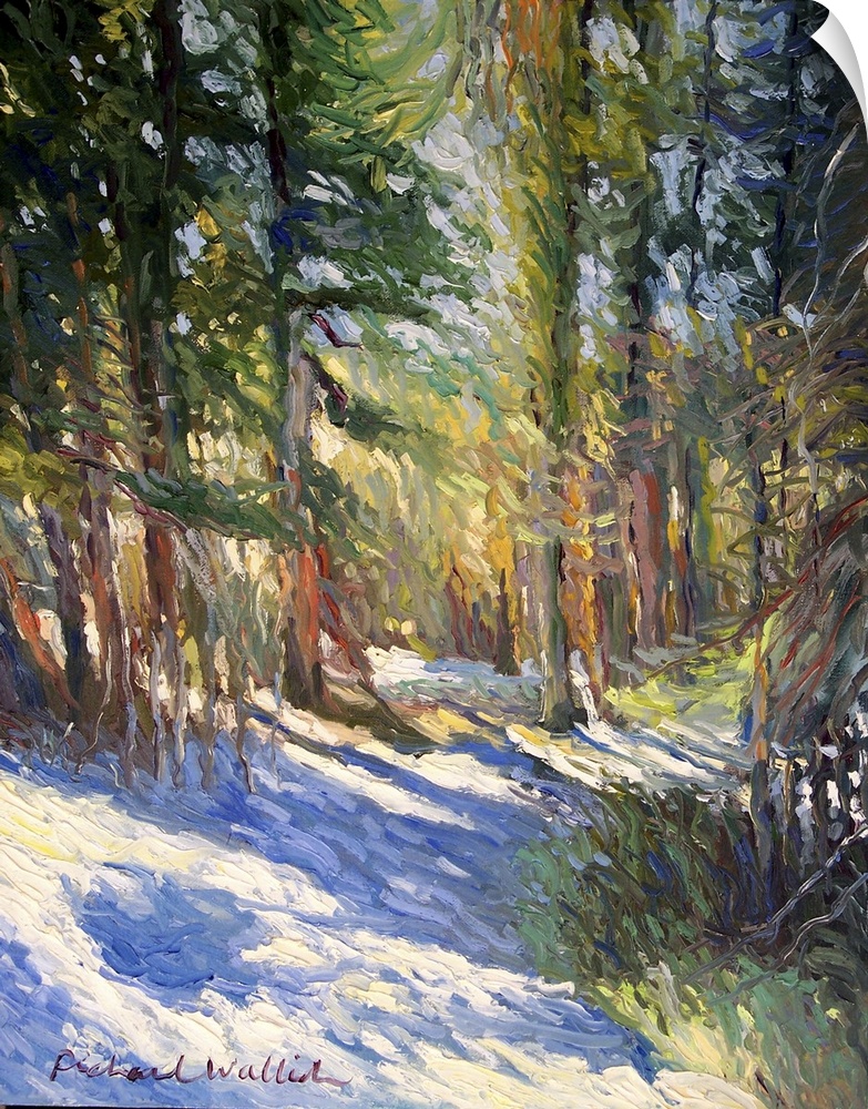 Contemporary painting of a snowy path through a forest.