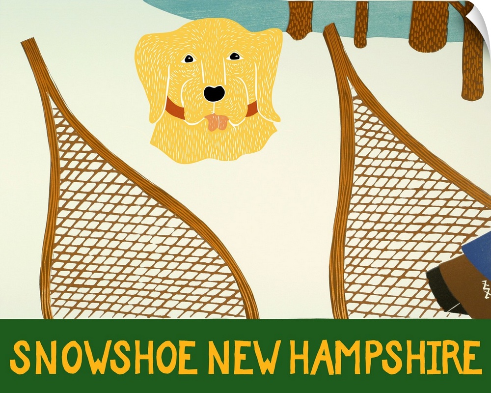 Illustration of a yellow lab buried in the snow with a set of snowshoes in front of it and "Snowshoe New Hampshire" writte...