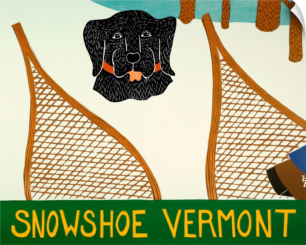 Illustration of a black lab buried in the snow with a set of snowshoes in front of it and "Snowshoe Vermont" written on th...