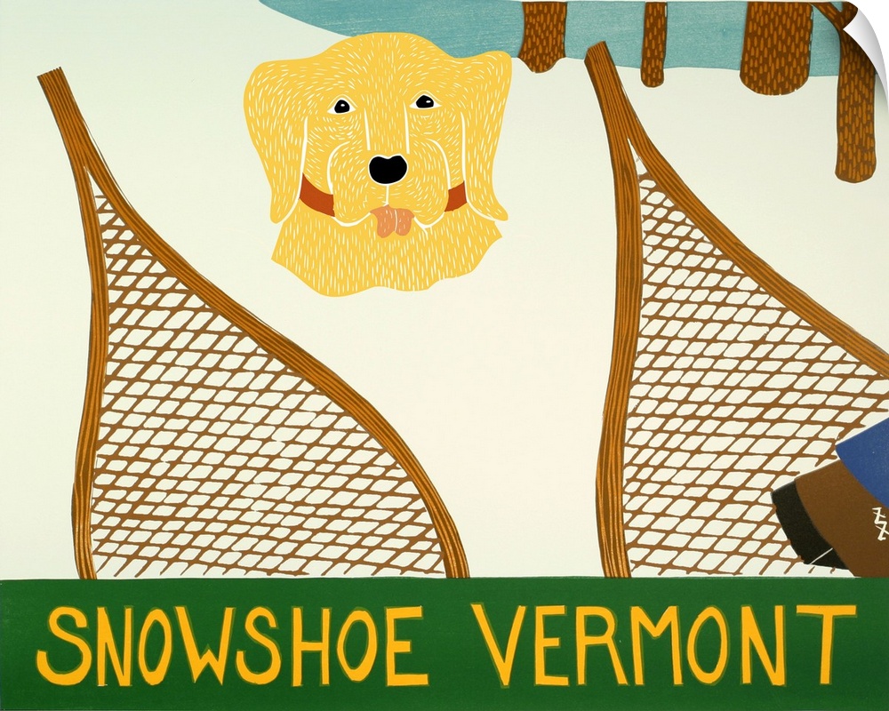 Illustration of a yellow lab buried in the snow with a set of snowshoes in front of it and "Snowshoe Vermont" written on t...