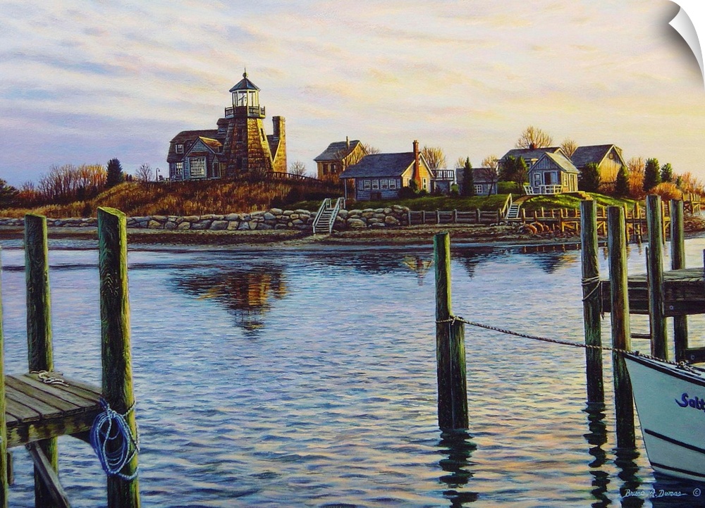 Contemporary artwork of a water scene overlooking harbor with a lighthouse.