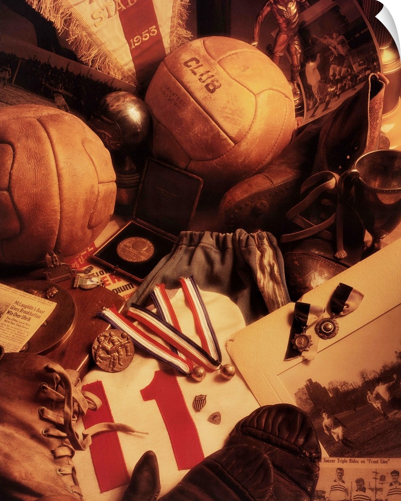 Photograph of vintage soccer gear and memorabilia.