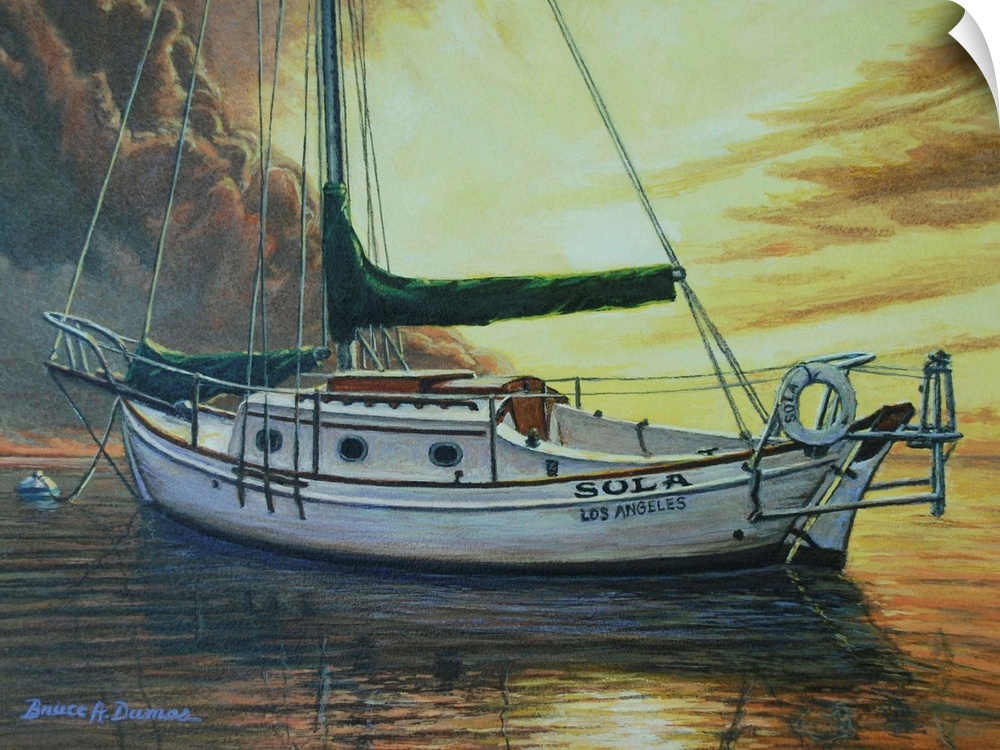 Contemporary painting of a large sailboat with the sail down in the ocean in front of a dramatic sunset.