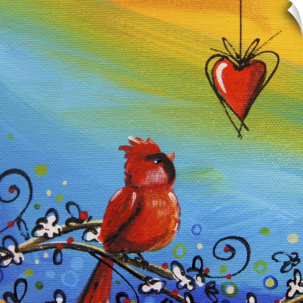 Whimsical contemporary artwork of a garden bird looking at a hanging heart against a colorful background.