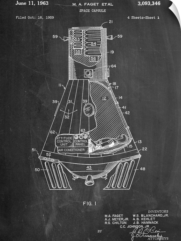 Black and white diagram showing the parts of a space capsule.