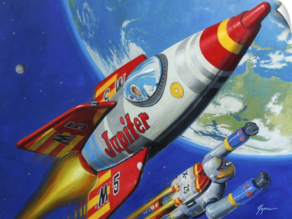 A contemporary painting of a retro toy rocket chip and robot flying through space with the planet earth seen in the backgr...