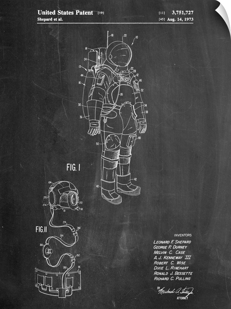 Black and white diagram showing the parts of a space suit.