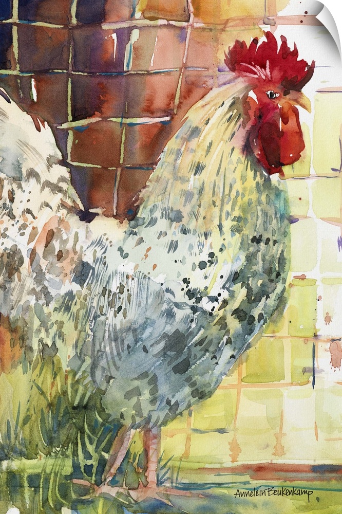 Contemporary watercolor painting of a rooster.