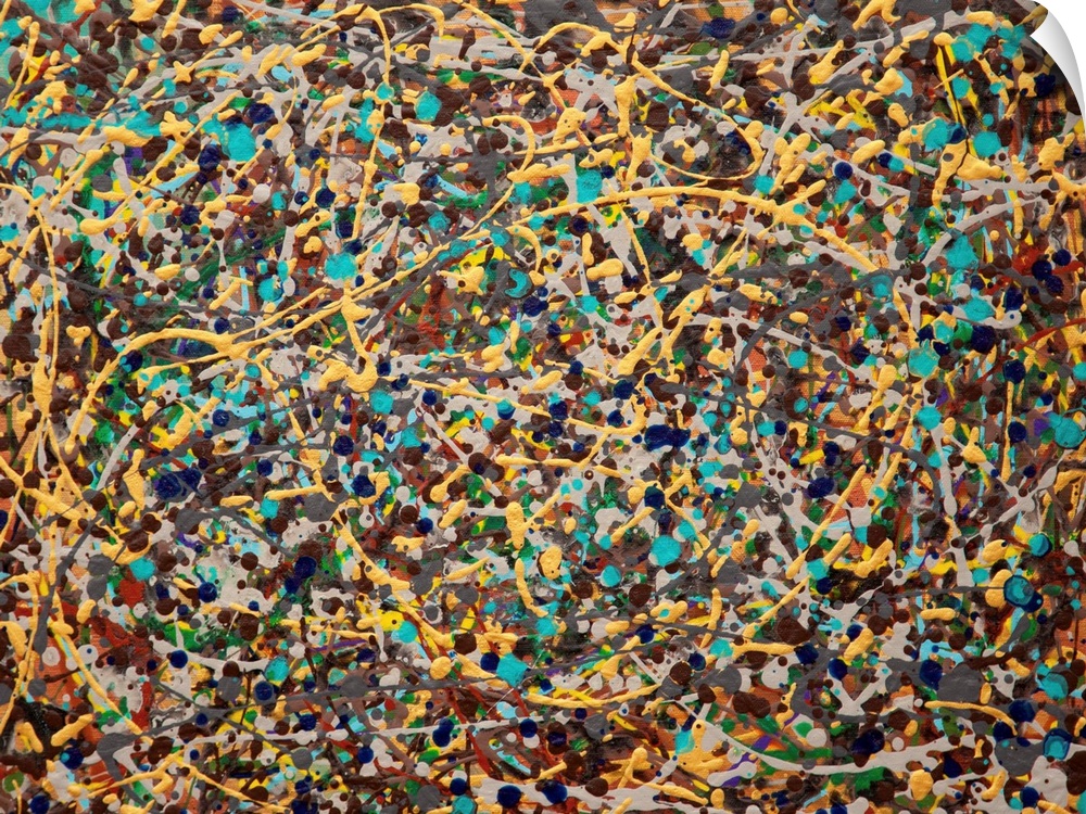 Contemporary abstract painting made of paint splatters and swirls.
