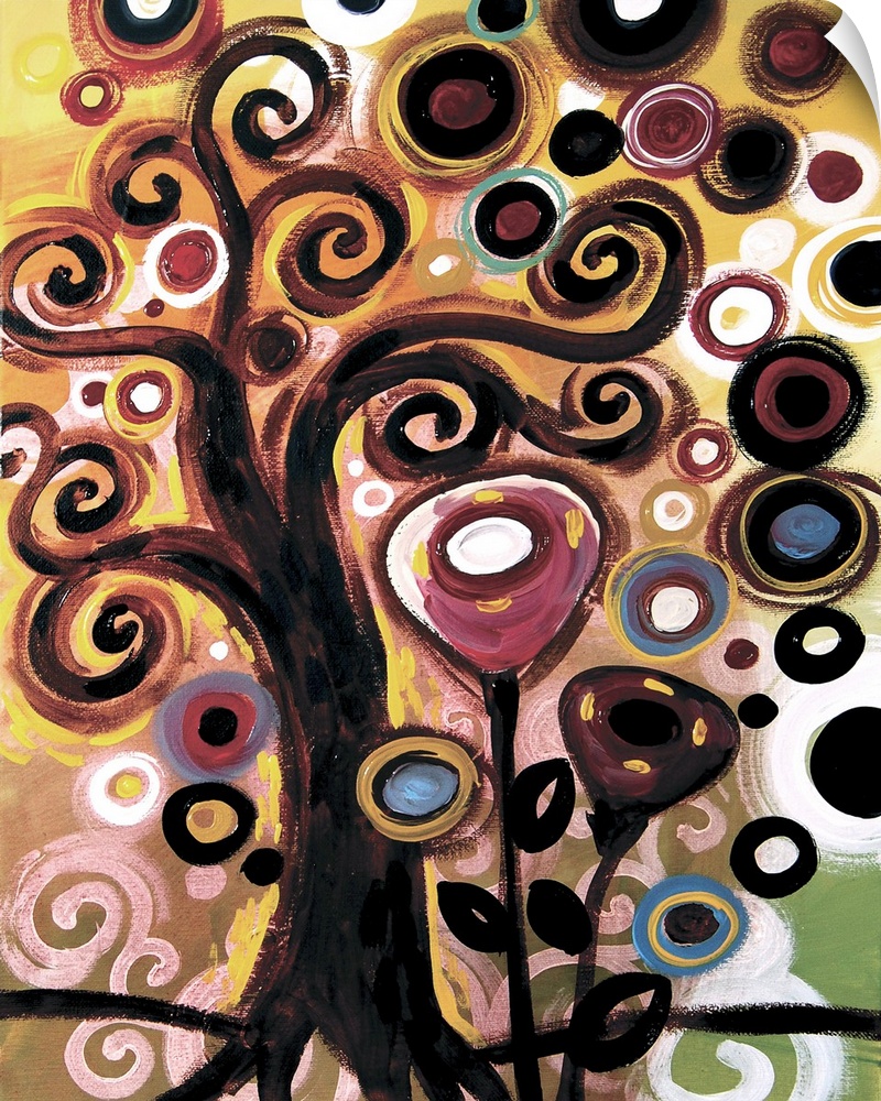 Contemporary painting of a tree with curled branches and blooming flowers.