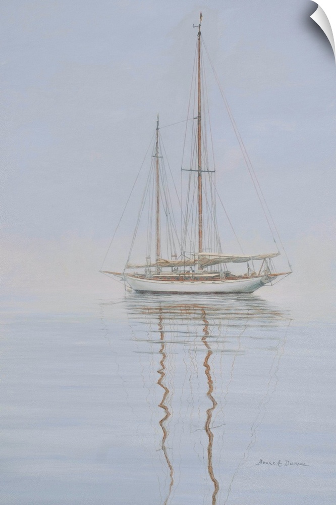 Contemporary artwork of a sailboat anchored in the mist.