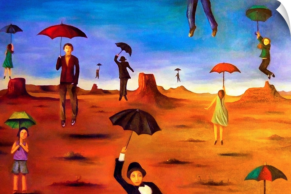 Surrealist painting of a desert landscape with people floating with umbrellas.