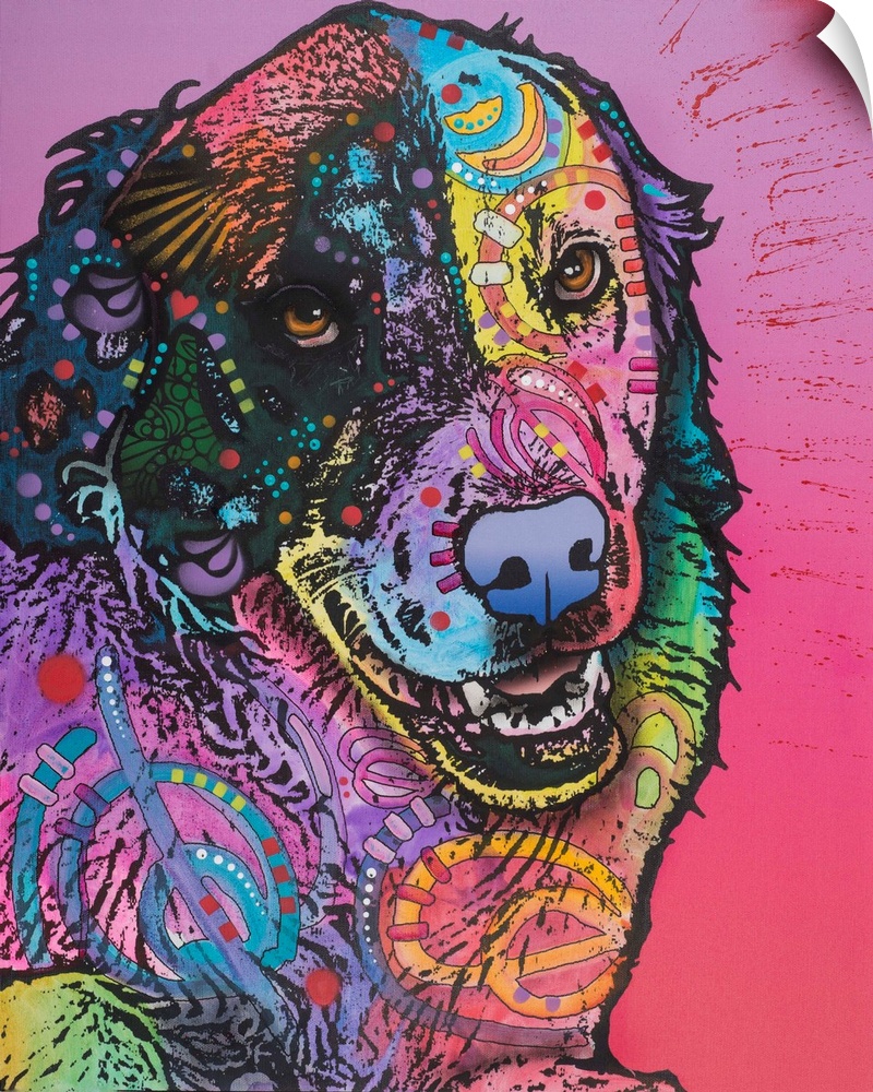 Colorful painting of a dog made up of all the colors of the rainbow with graffiti-like designs on a pink and purple paint ...