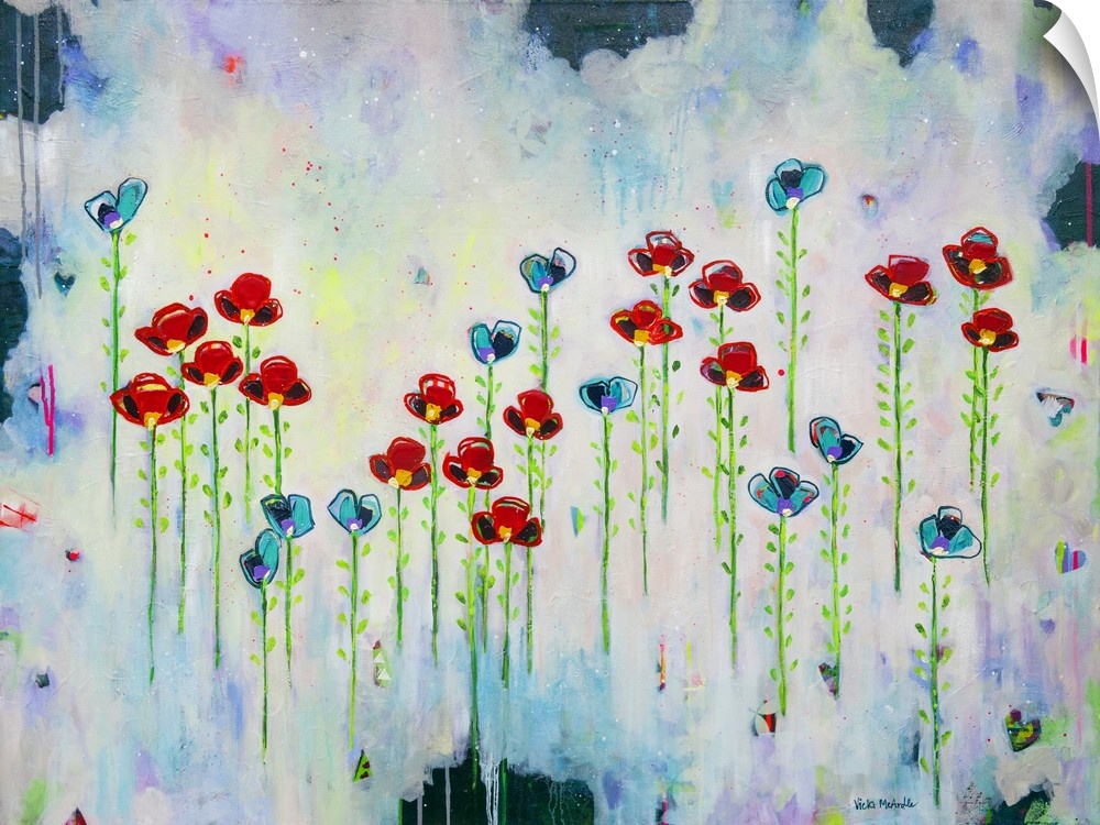 Vibrant abstract painting with blue and red flowers that appear to be floating with long green stems and leaves on a color...
