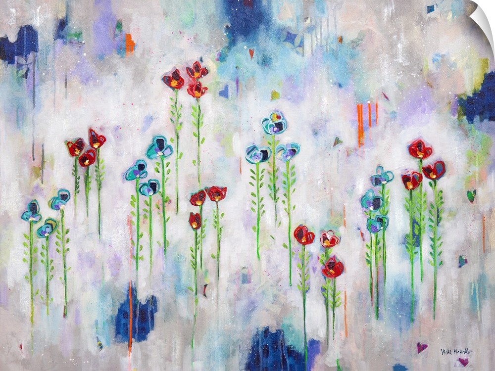 Vibrant abstract painting with blue and red flowers that appear to be floating in sets of three with long green stems and ...