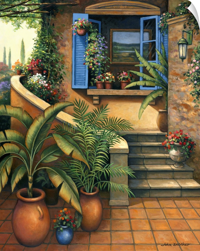 house patio with lots of plants and an open window