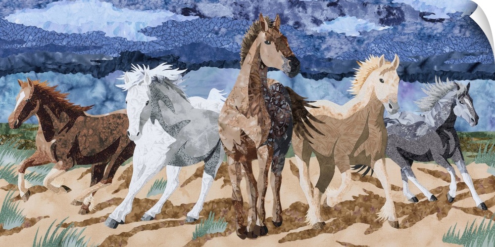 Contemporary colorful fabric art of a stampede of horses.
