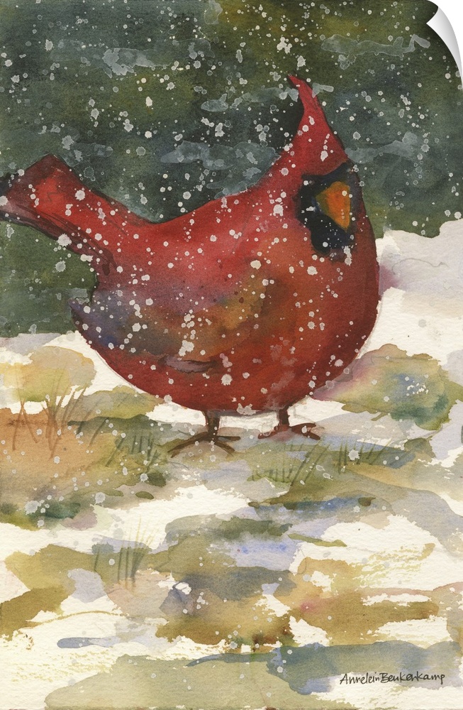 Contemporary watercolor painting of a cardinal in the snow.
