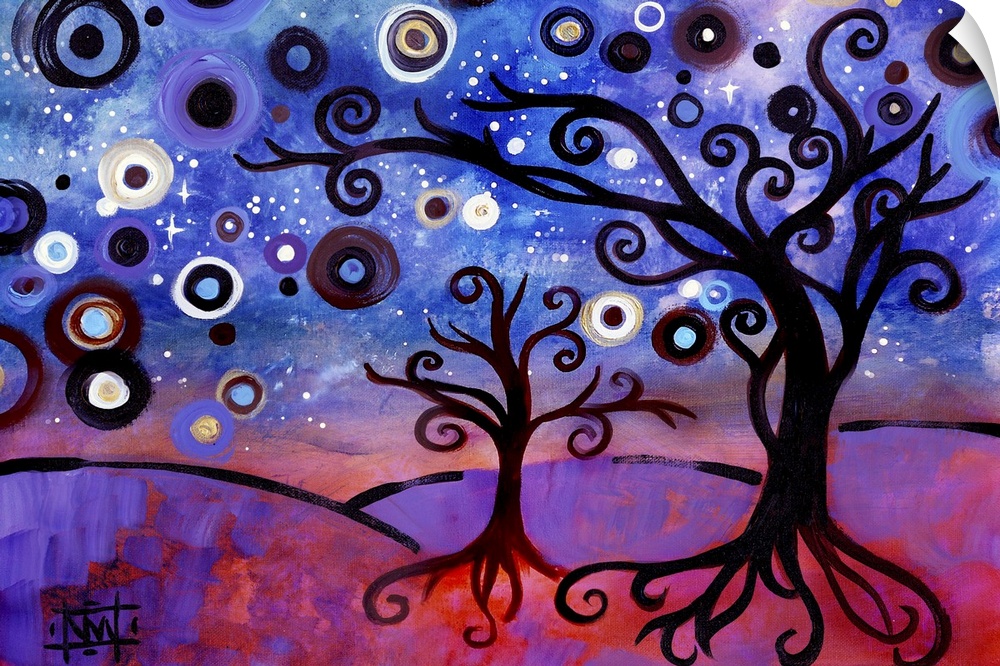 Contemporary painting of two trees with curly branches and a starry sky.