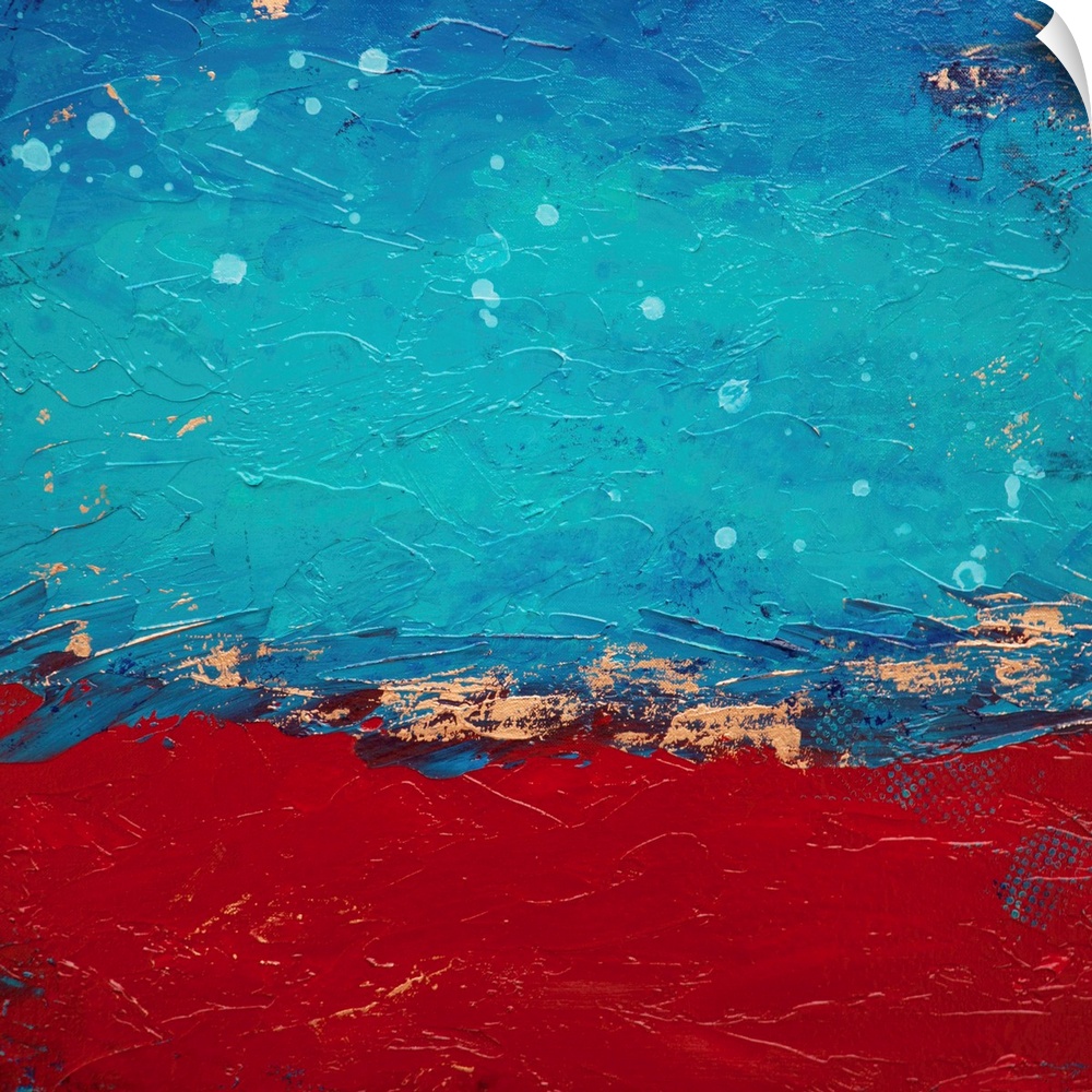 Contemporary abstract painting in red, blue, and white.