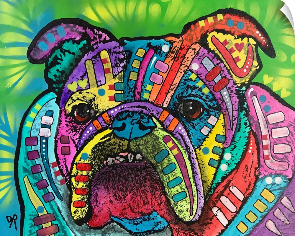 Contemporary stencil painting of an english bulldog filled with various colors and patterns.