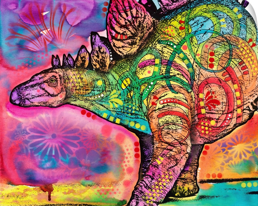 Colorful painting of a Stegosaurus with abstract markings.
