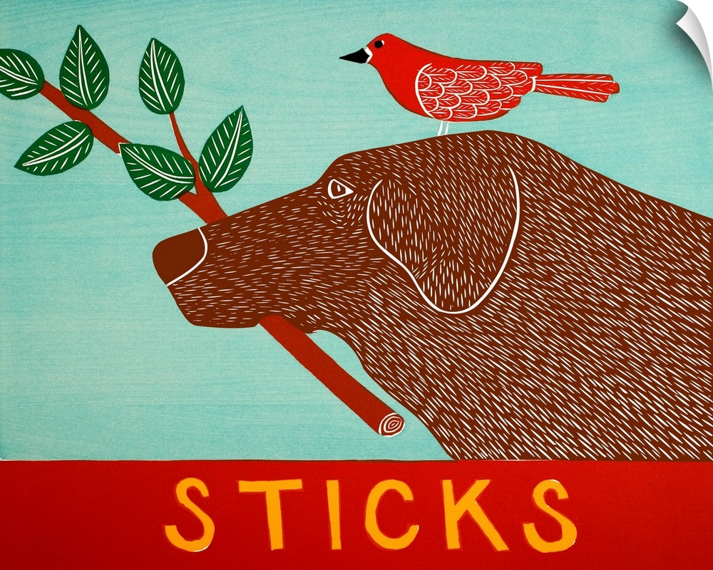 Illustration of a chocolate lab with a red bird standing on its head and a leafy stick in its mouth.