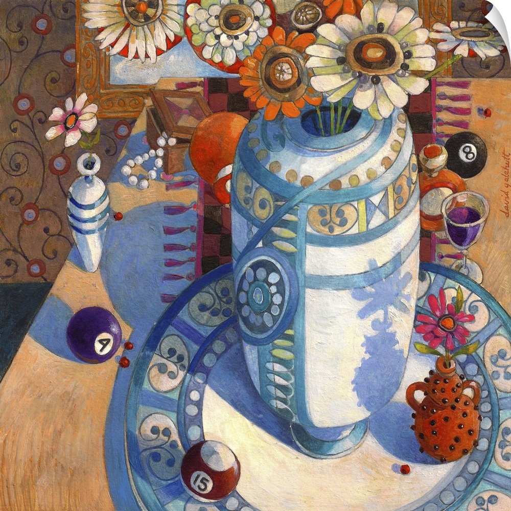 Contemporary artwork of a still life of a vase and some flowers. With some billiard balls.