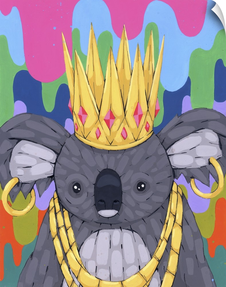 Pop art painting of a koala wearing a crown and gold jewelry.