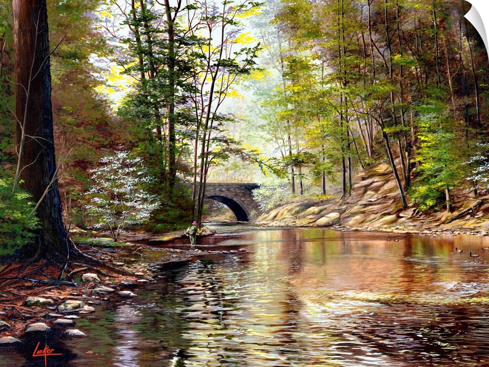 Contemporary painting of a shallow river flowing calmly through a forest.