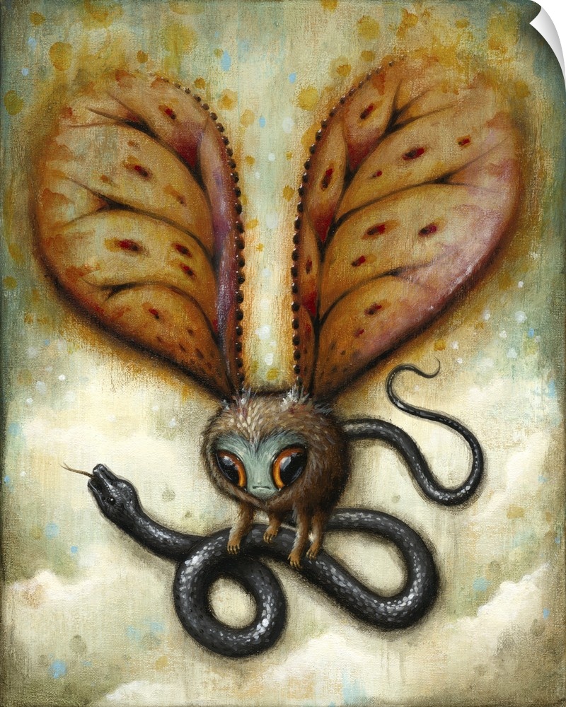 Surrealist painting of a winged creature carrying a snake in the air.