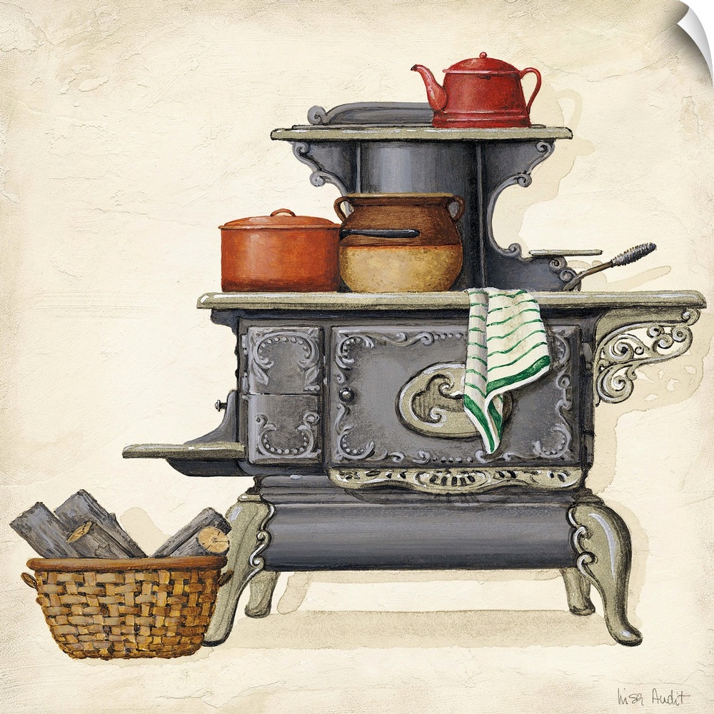 Old fashioned stove with beanpot, teapot and towel.  Basket of wood on floor.