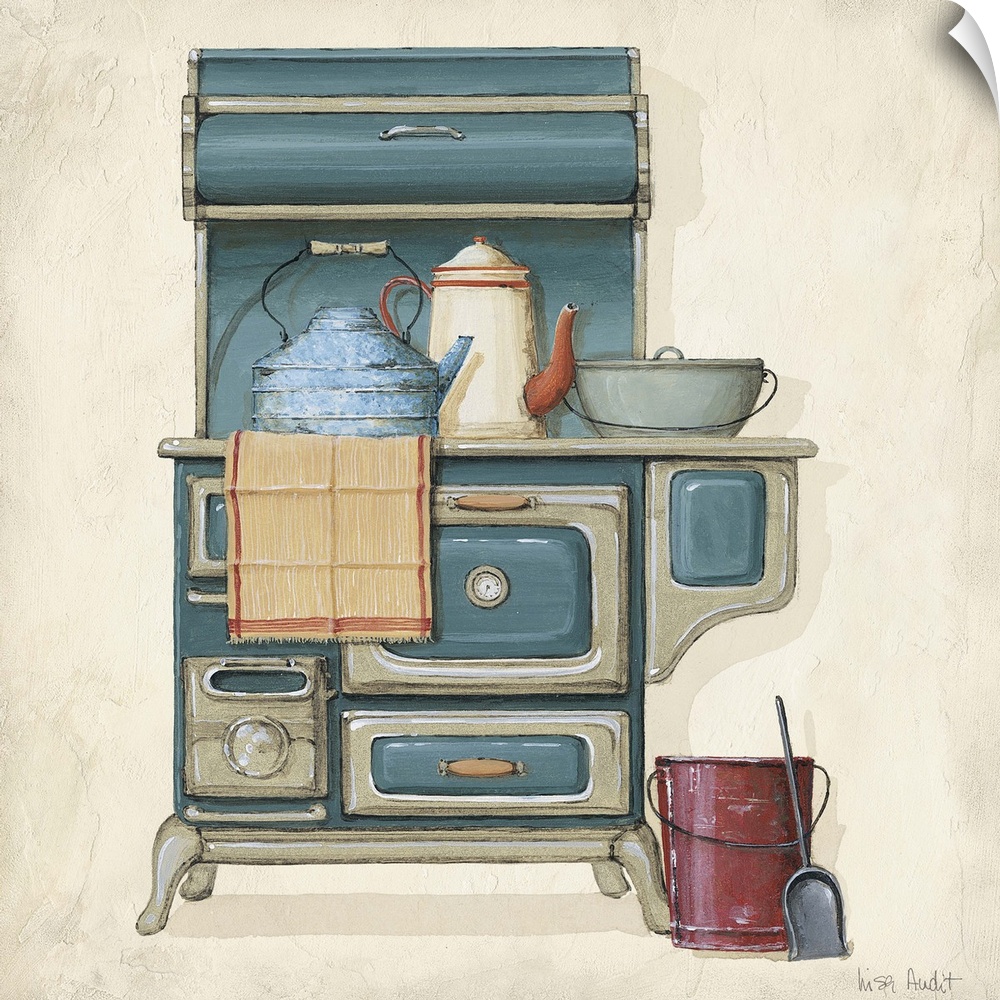 Old-fashioned blue and white stove with kettle, coffeepot and towel.  Bucket and ash shovel on floor