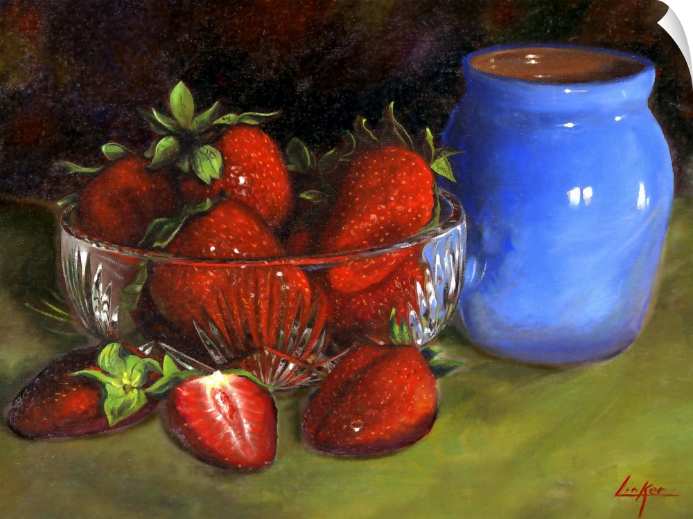 Contemporary still life painting of a dish of strawberries next to a small ceramic vase.