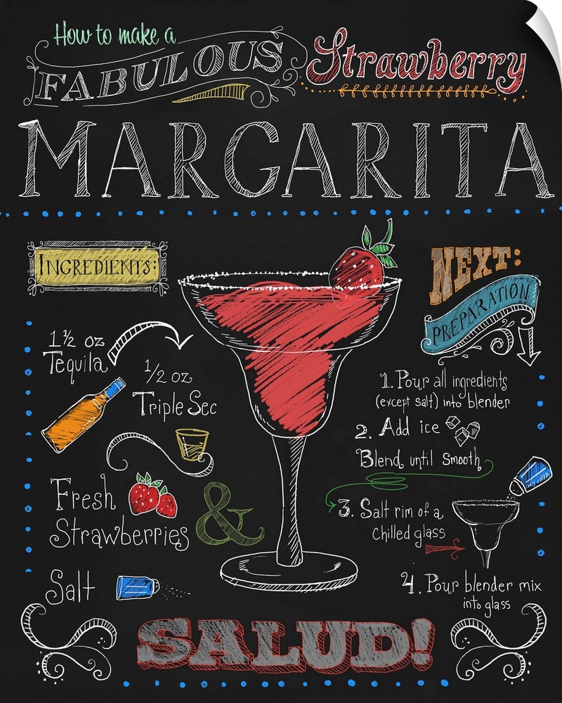 Chalkboard-style sign with instructions and ingredients for making a strawberry margarita.