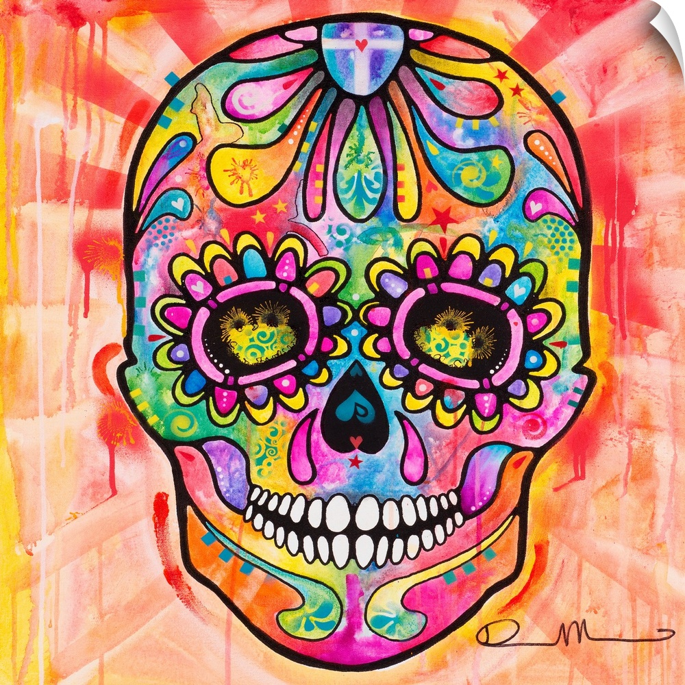 Bright painting of a skull for Dia de los Muertos with paint dripping in the background.