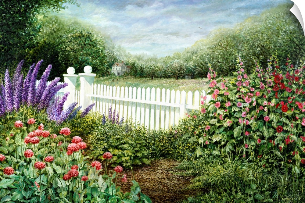 Contemporary artwork of a flower garden in front of a white fence.