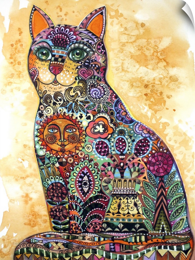 Watercolor painting of a cat decorated with floral patterns and a smiling sun.