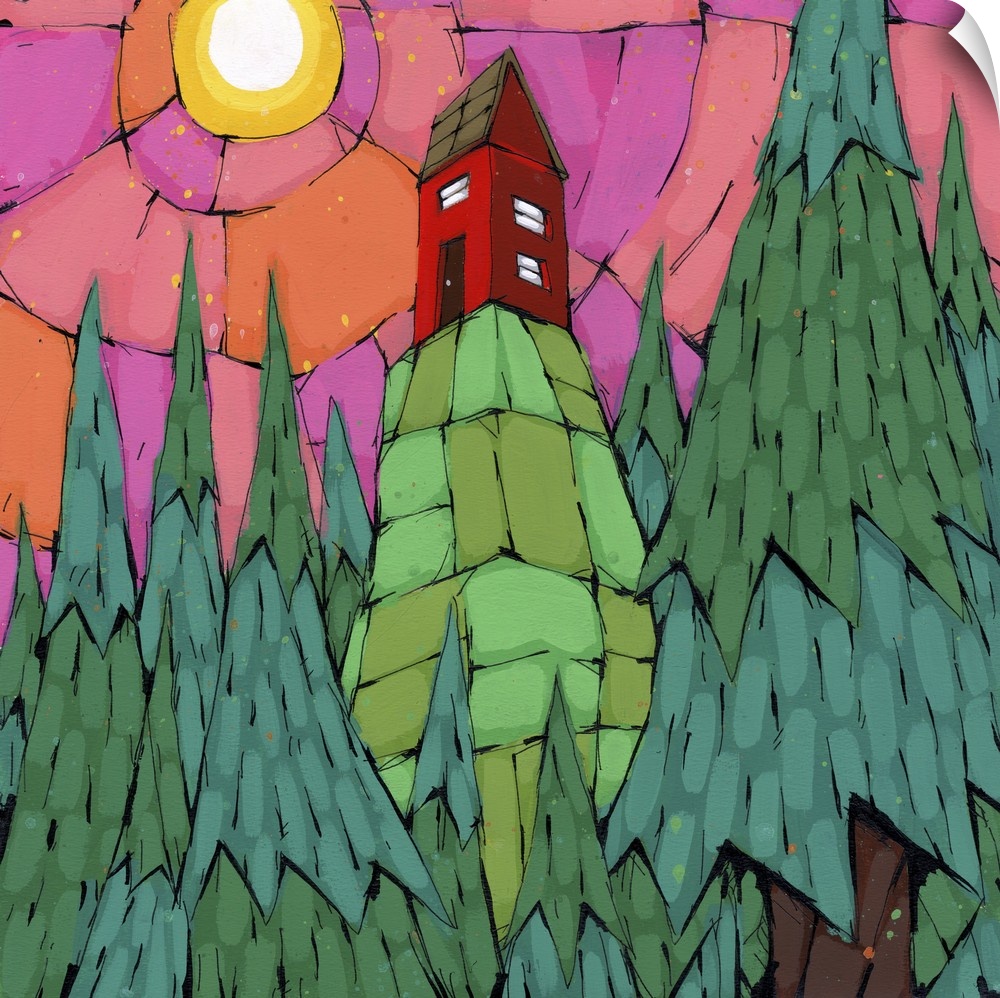 Pop art painting of a house on top of a hill in a forest with the sun shining overhead.