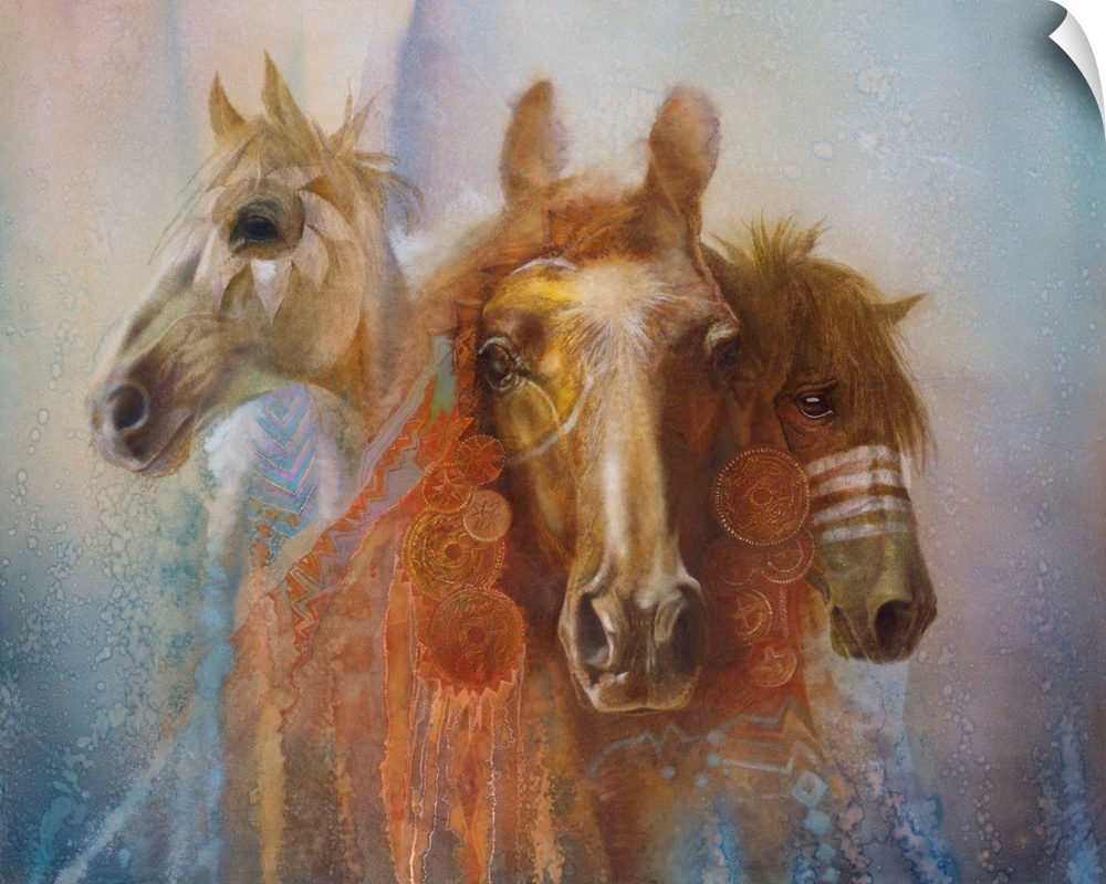 A contemporary painting of three horse portraits with elaborate decorations and feathers hanging from their manes.