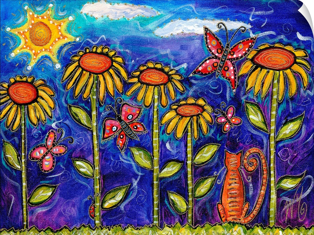 A cat with butterflies in a garden of sunflowers with the sun above.