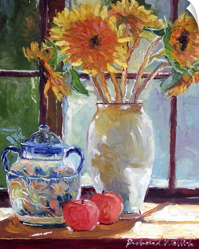 Contemporary painting of lush sunflowers in a white vase.