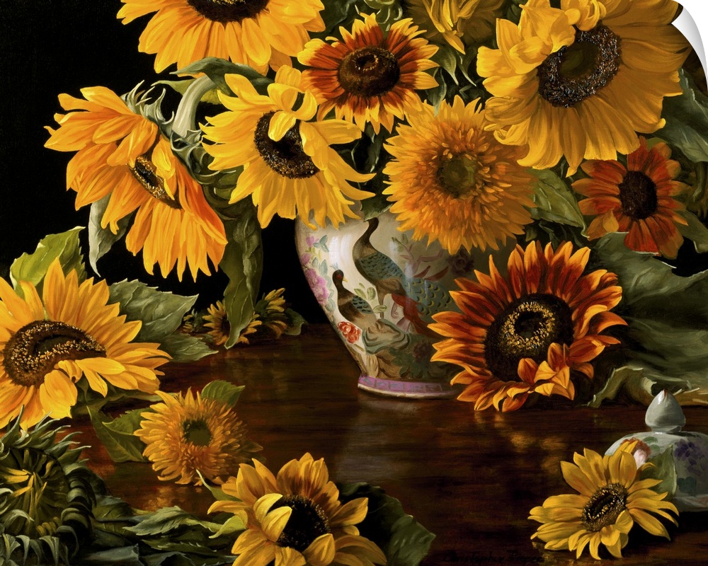 Contemporary still-life painting of sunflowers in a Chinese vase.