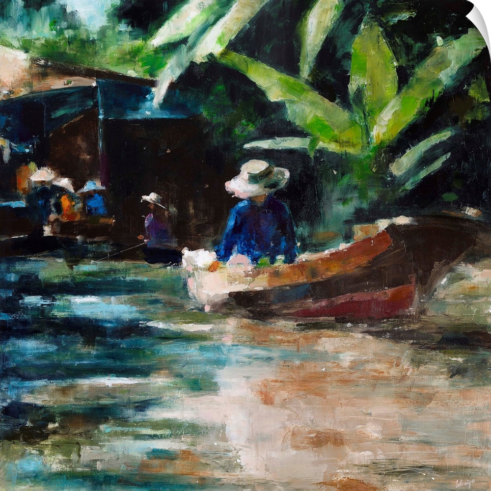 Contemporary painting of a person in a boat on a river.