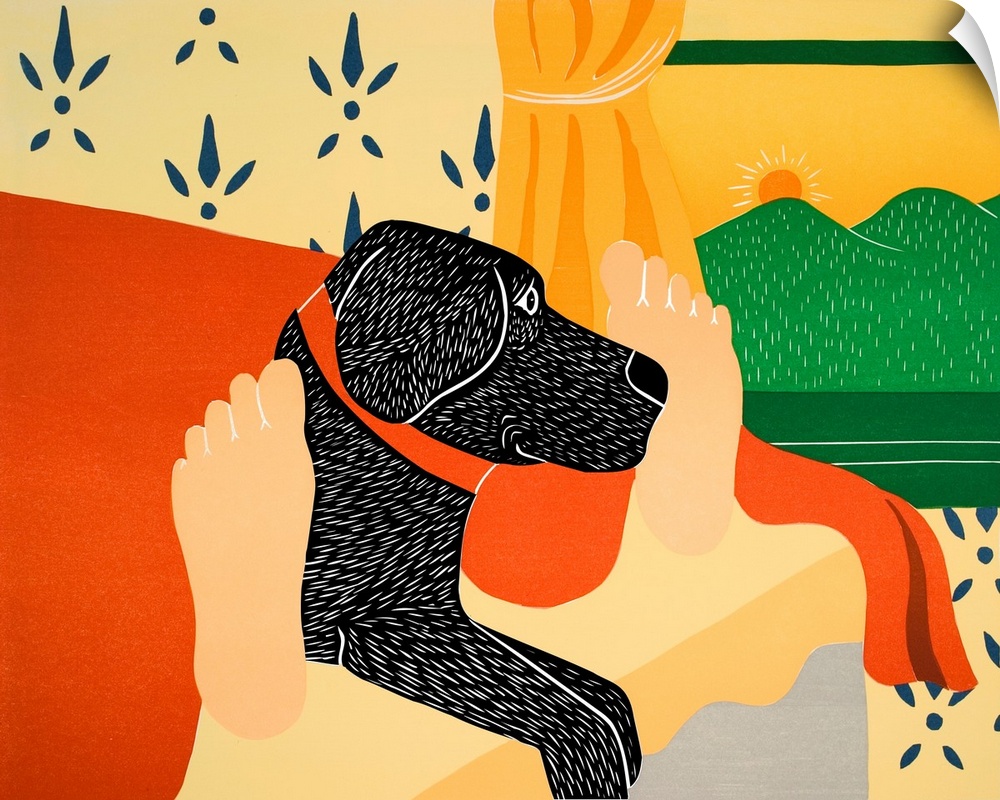 Illustration of a black lab laying in the middle of its owners feet at the foot of the bed in the morning.