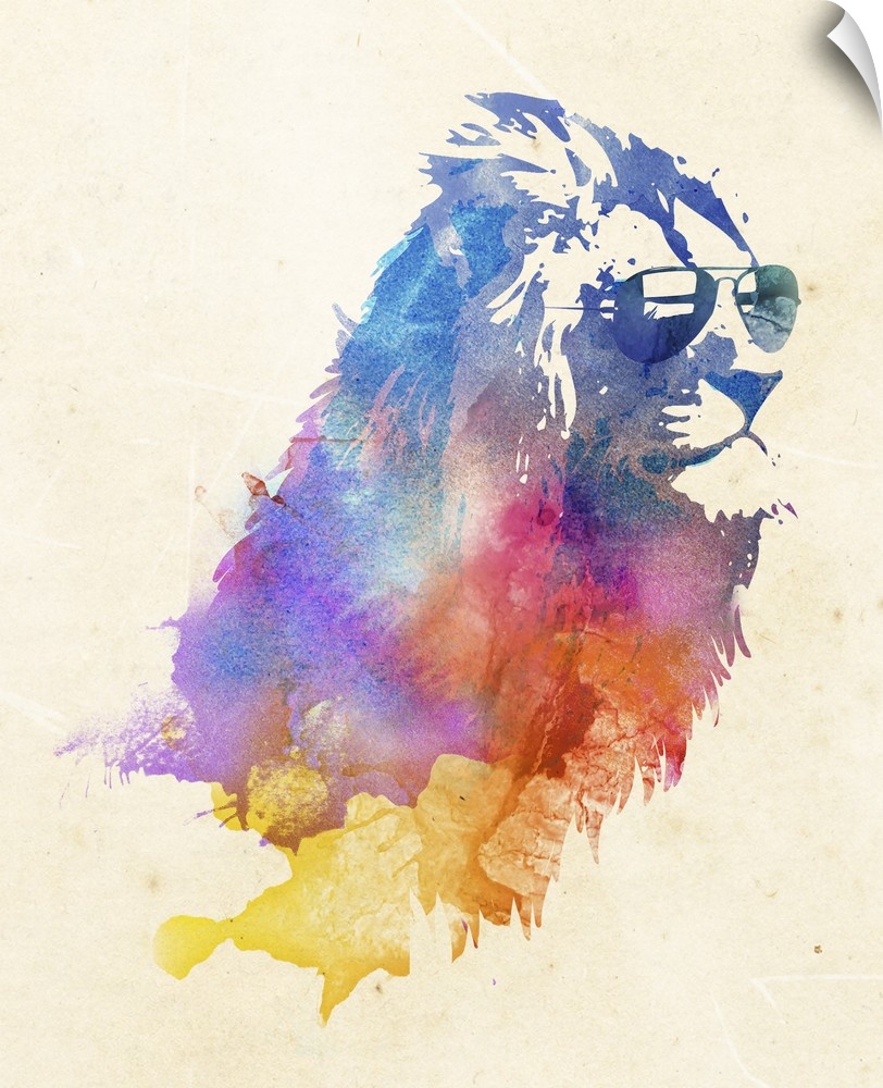 Contemporary artwork of a watercolor lion wearing sunglasses.