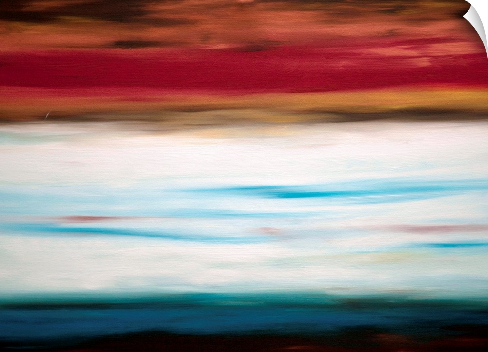 Contemporary abstract painting in white, blue, and red.
