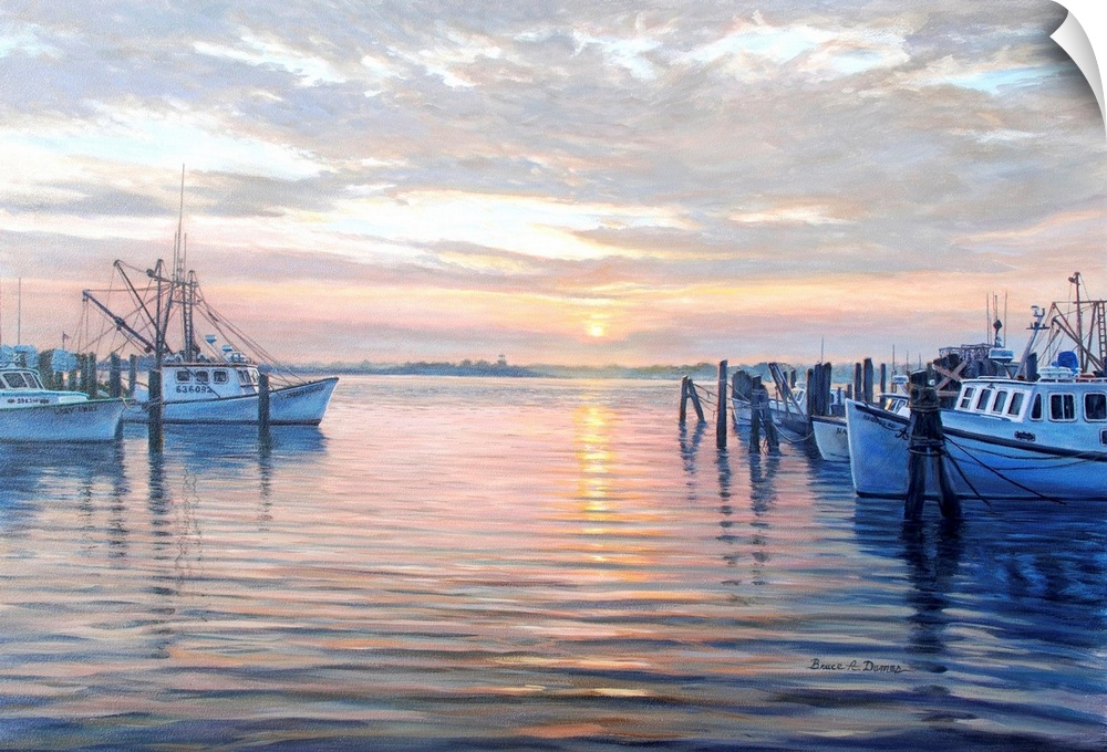 Contemporary artwork of a harbor full of docked boats at sunset.