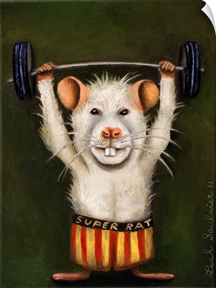 Surrealist painting of a white rat lifting a dumbbell.